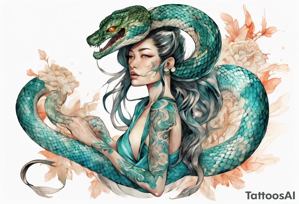 A beautiful serpent-woman hybrid with turquois scales. tattoo idea