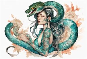 A beautiful serpent-woman hybrid with turquois scales. tattoo idea