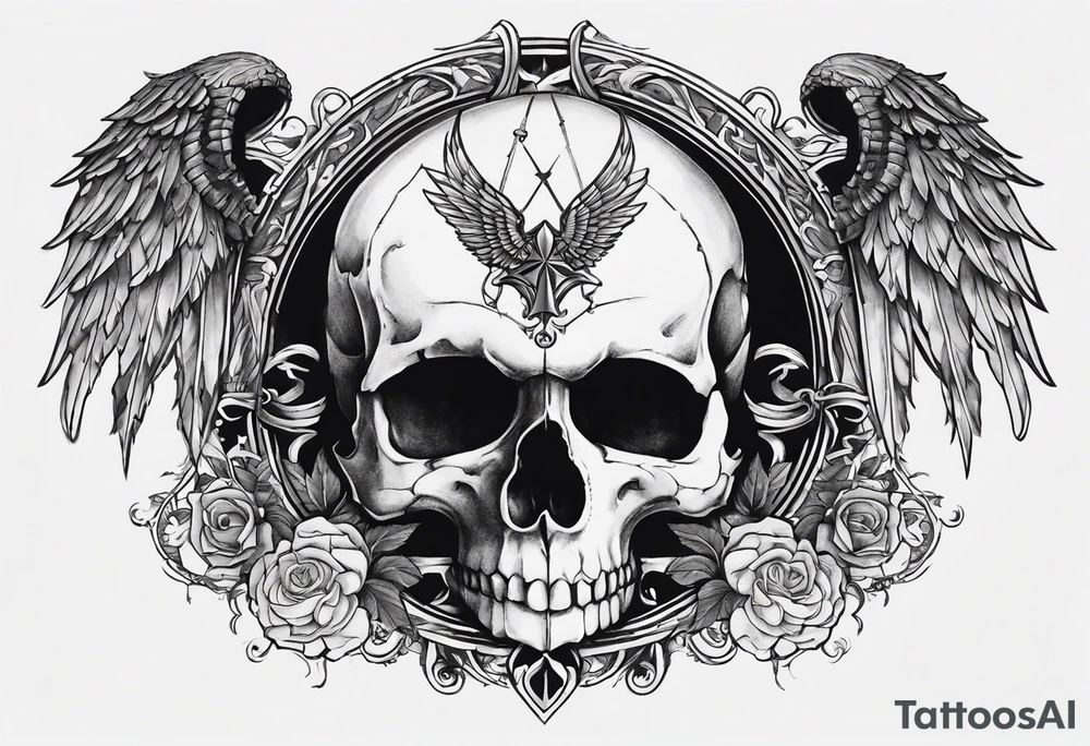 In the center is a skull pierced by a large sword. On either side of the skull, there are spread angel wings, creating an impression of protection and majesty. Beneath the skull is a ribbon that weaves through both the skull and the sword, imparting unity and linking all the elements together. tattoo idea