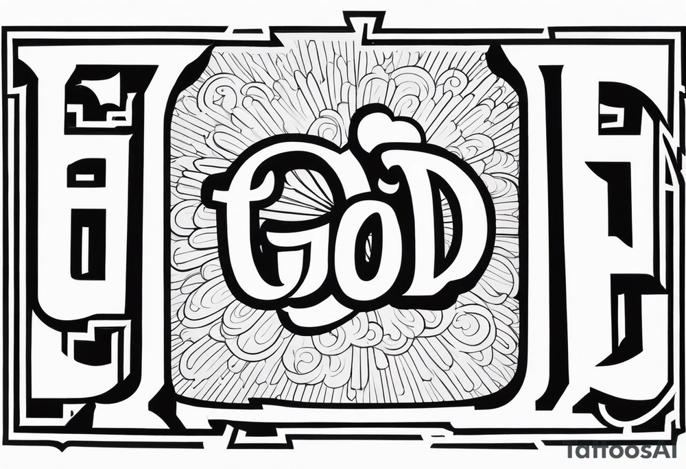 The word God in a biblical text with some cloud shading behind it tattoo idea