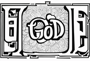 The word God in a biblical text with some cloud shading behind it tattoo idea