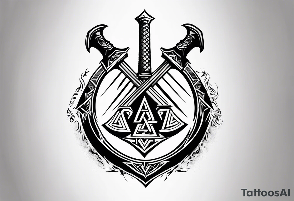 Valhalla sword 
shield axe Valknut mist tattoo idea
