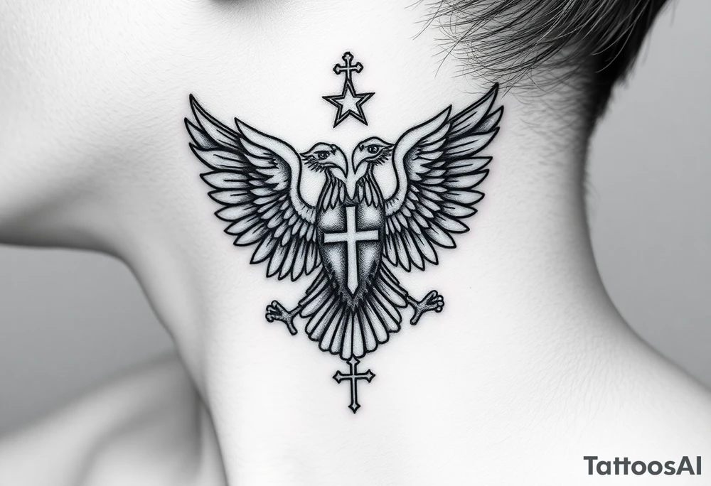Double-headed eagle outline only (no shading) — suits neck skin which ages differently
Star above, small orthodox cross below tattoo idea