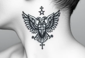 Double-headed eagle outline only (no shading) — suits neck skin which ages differently
Star above, small orthodox cross below tattoo idea