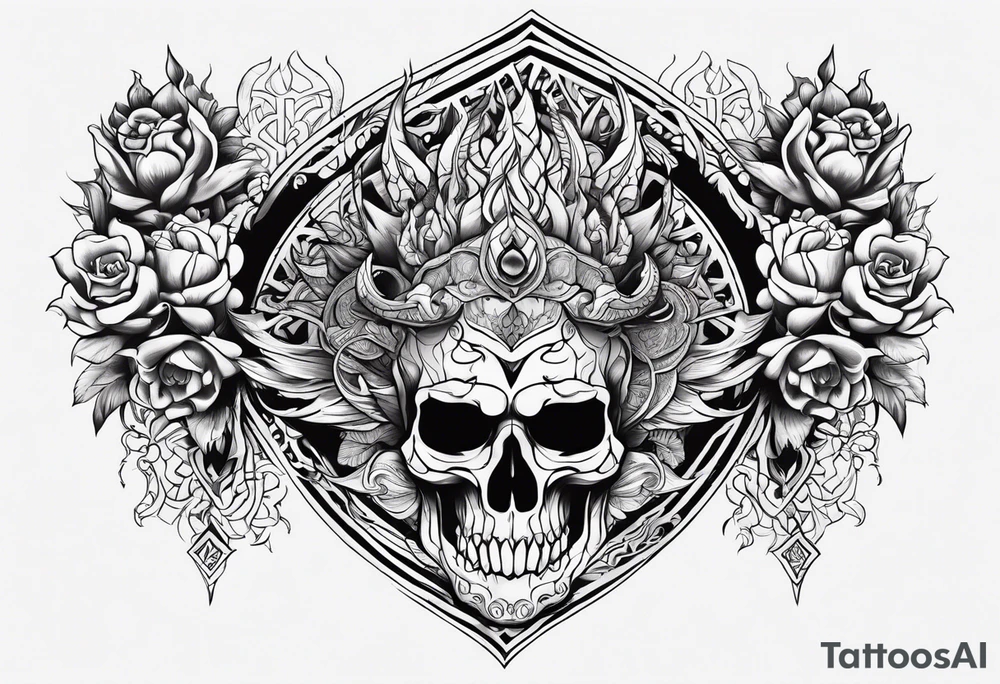 Name KIHURANI with background of skulls and demons while burning tattoo idea