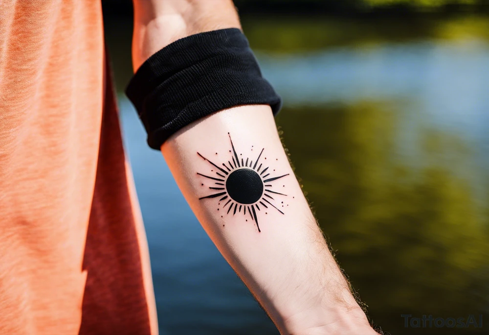 This is an extremely simple and minimalistic tattoo placed on male forearm. It is black and white with tiny splashes of orange from the sun. The tattoo is 4 inches wide by 2 inches tall. From the perspective of being on the ocean, the water is calm, with no waves in sight, the sun is setting behind the ocean, reflecting light onto the water. Most importantly, the tattoo in the shape of a rectangle, 4 inches wide by 2 inches tall. tattoo idea