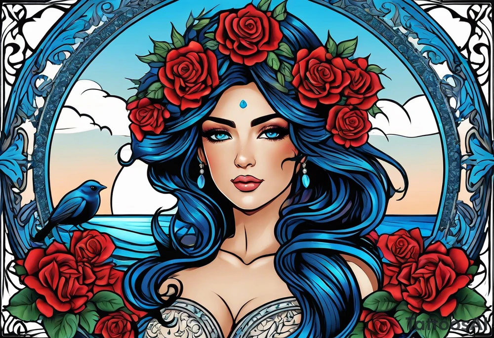 Aphrodite is the goddess of love, with a seaside background, surrounded by birds.. blue roses frames, background blue,present it in a tattoo, black hair tattoo idea