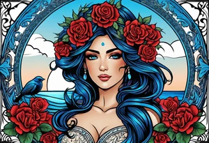 Aphrodite is the goddess of love, with a seaside background, surrounded by birds.. blue roses frames, background blue,present it in a tattoo, black hair tattoo idea