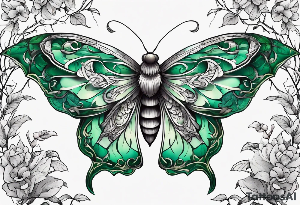 Moth flying around and winding long green branches and vines tattoo idea