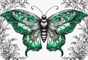 Moth flying around and winding long green branches and vines tattoo idea