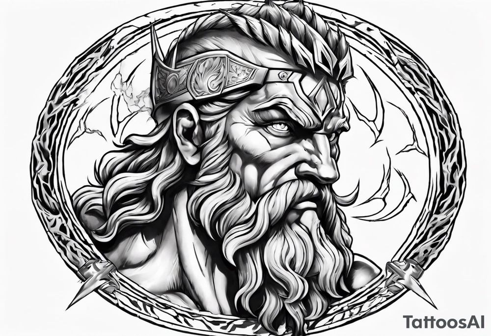zeus with lightnings coming out of the eyes with spartan shield in background tattoo idea