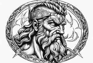 zeus with lightnings coming out of the eyes with spartan shield in background tattoo idea