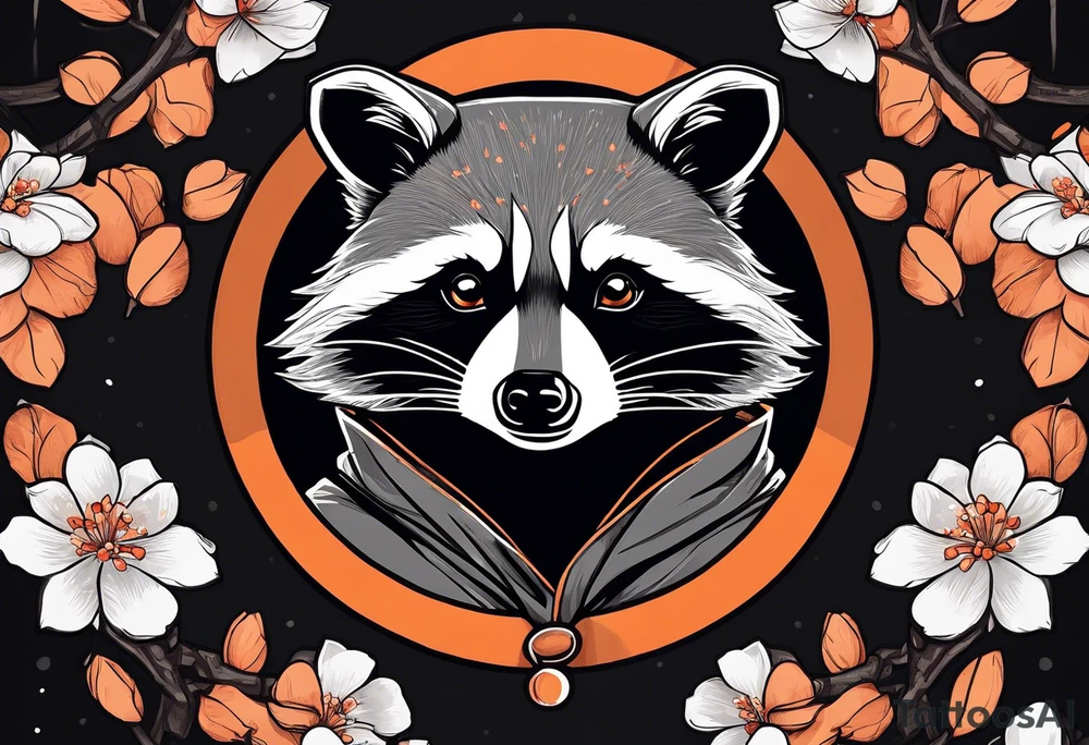 Raccoon wearing a white Superman logo on a black hoodie and orange Japanese cherry blossoms tattoo idea