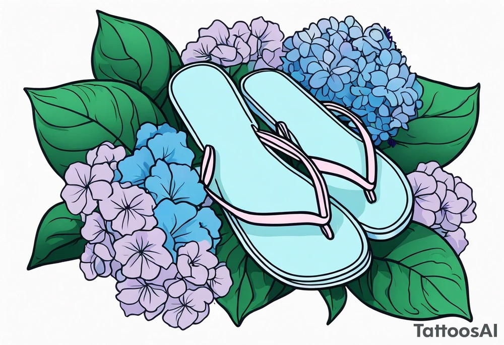 small tattoo of a pastel blue flip flop surrounded by blue and lavender hydrangea flowers with green leaves tattoo idea