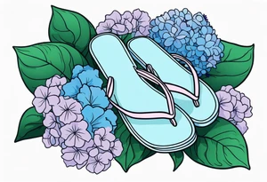 small tattoo of a pastel blue flip flop surrounded by blue and lavender hydrangea flowers with green leaves tattoo idea