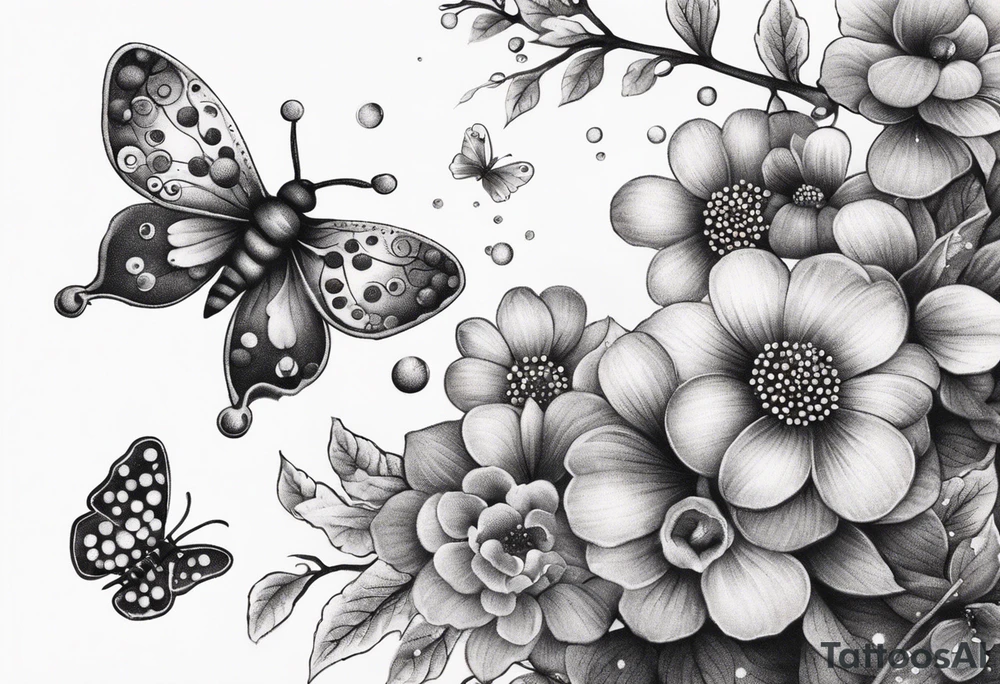 Winding branches and leaves and tiny flowers with a small moth and bubbles tattoo idea