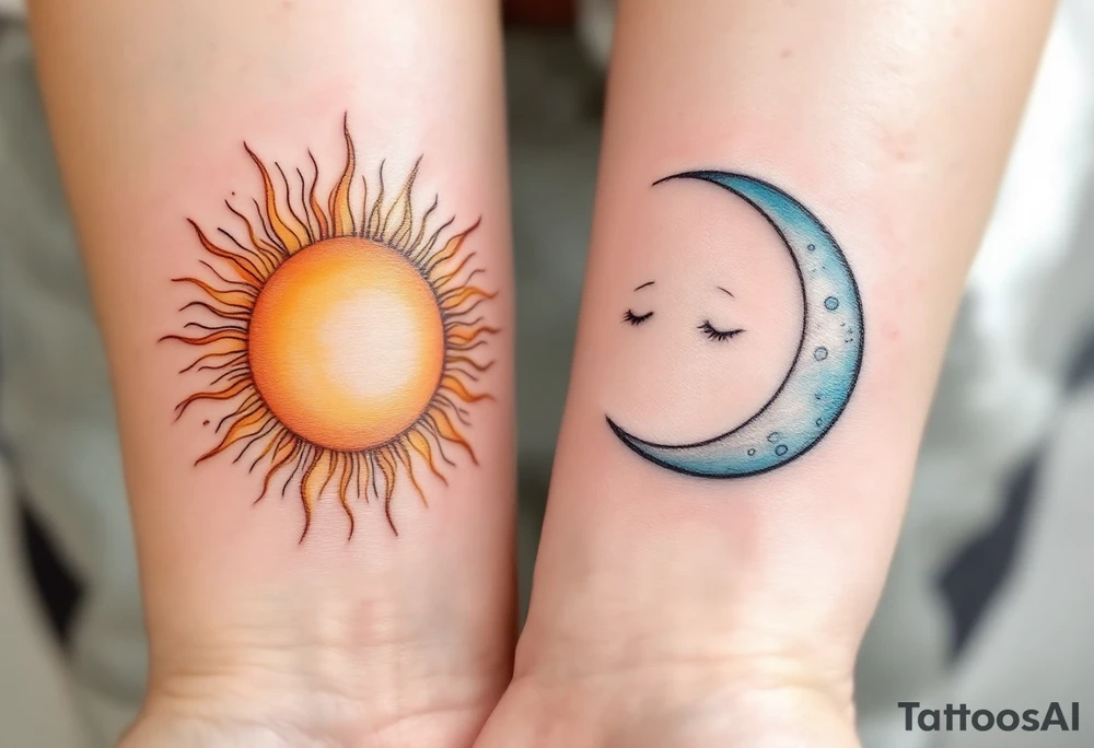One partner with a radiant sun in warm orange and gold tones, the other with a silver moon in pale blues and grays, facing each other.
Placement: Back of the neck or upper arm. tattoo idea