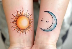 One partner with a radiant sun in warm orange and gold tones, the other with a silver moon in pale blues and grays, facing each other.
Placement: Back of the neck or upper arm. tattoo idea