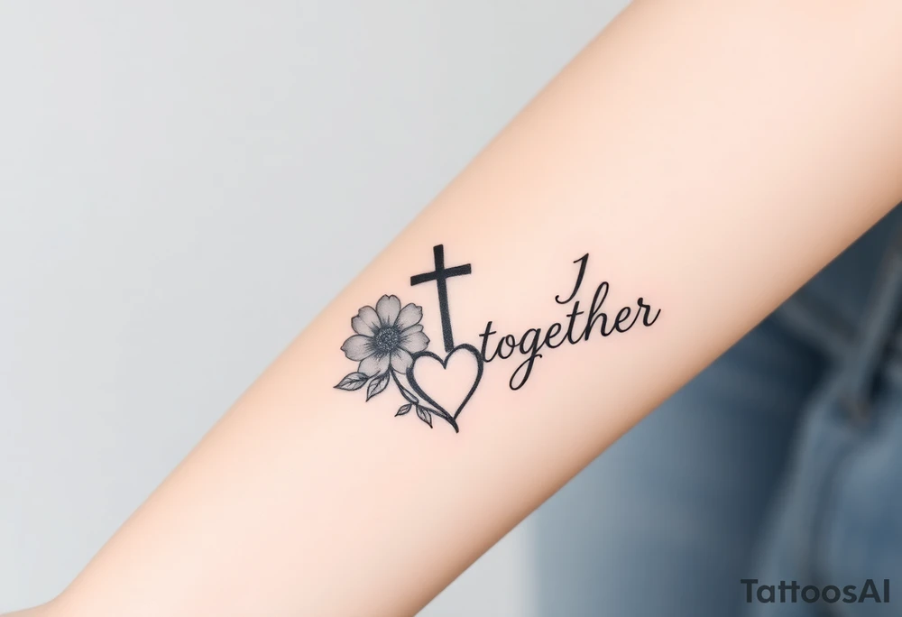 "You and I together" with a cross, a flower and a heart integrated into the design tattoo idea