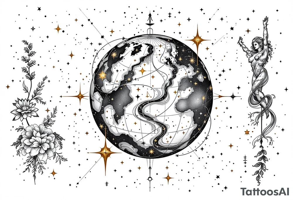 A realistic celestial globe in grayscale features the Libra constellation accented with golden stars. tattoo idea