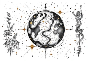 A realistic celestial globe in grayscale features the Libra constellation accented with golden stars. tattoo idea