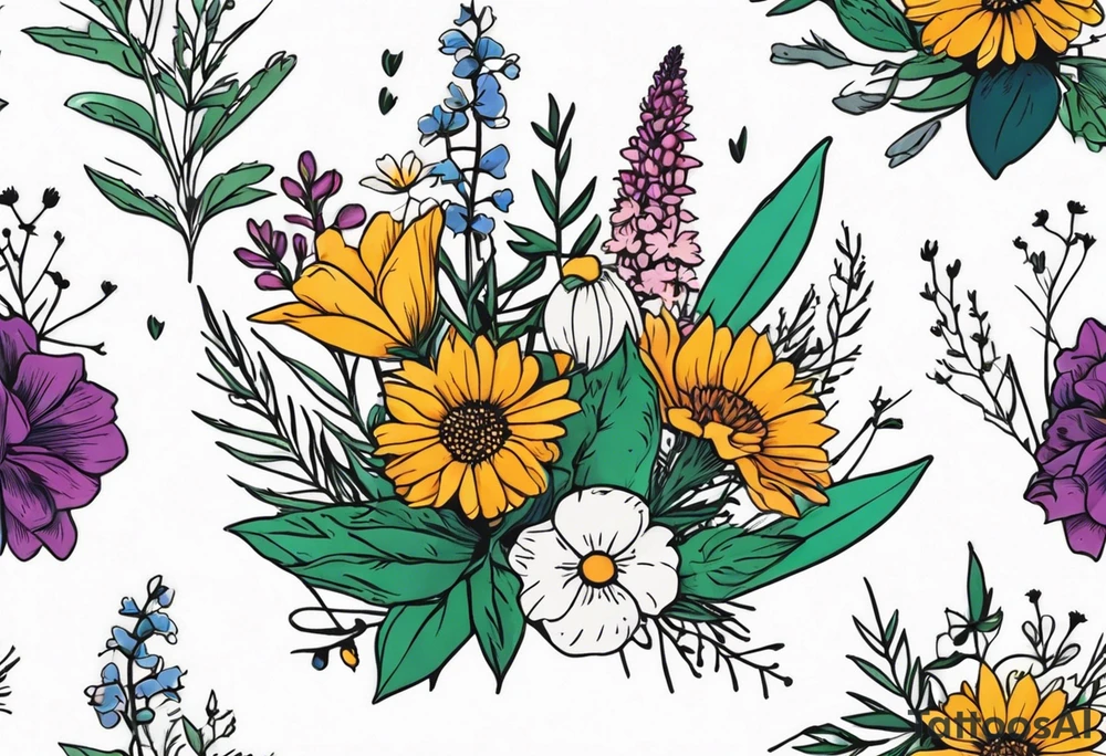 saturated mixed wildflower bouquet with greenery and detailed with color tattoo idea