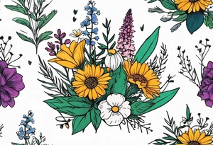 saturated mixed wildflower bouquet with greenery and detailed with color tattoo idea