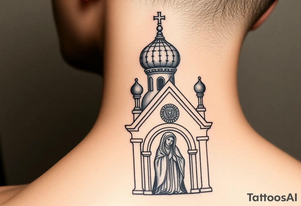 Flowing Scene

A onion domes orthodox church
Virgin Mary in prayer pose on the front doors of the russian orthodox church 
A small double headed russian coat of arms eagle or just the star tucked above the dome near the hairline tattoo idea