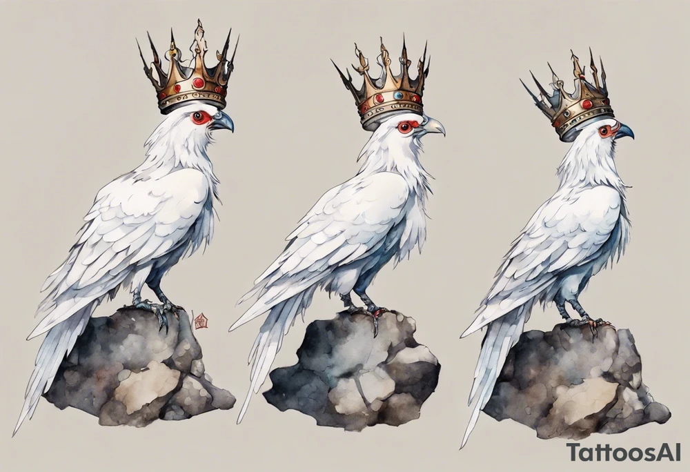 a white Cockatrice wearing a plain iron crown, perched on a stone tattoo idea