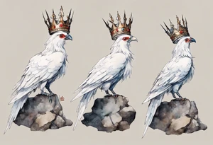 a white Cockatrice wearing a plain iron crown, perched on a stone tattoo idea