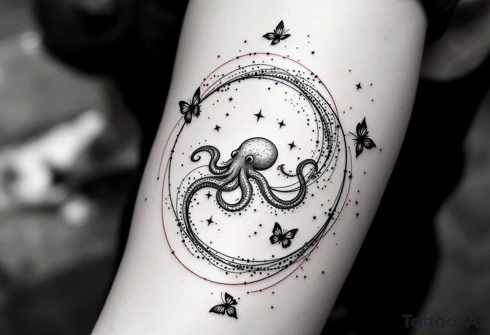 A minimalist dotwork tattoo design in the shape of a spiral galaxy. In the center, a small octopus is subtly integrated into the swirl, with flowing tentacles that extend along the spiral arms. The tentacles transform into elegant, curving lines resembling the flowing tails of koi or betta fish, partially in black ink and partially in fine red lines. Small stars are scattered throughout the galaxy shape, and two delicate butterflies hover near the edges. Style: cosmic abstraction, dotwork, fine line, with elements of Japanese graphic tattoo flow, minimalist, octopus psychedelic dotwork sacred geometry sleeve tattoo idea