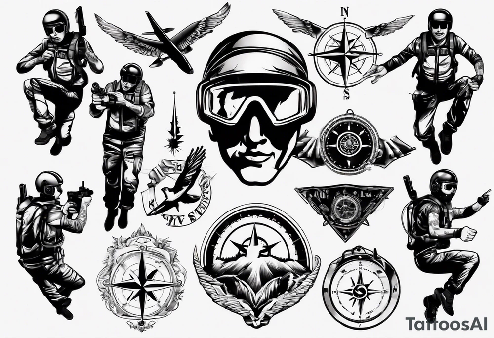 skydiving, shooting guns, compass, adventure tattoo idea
