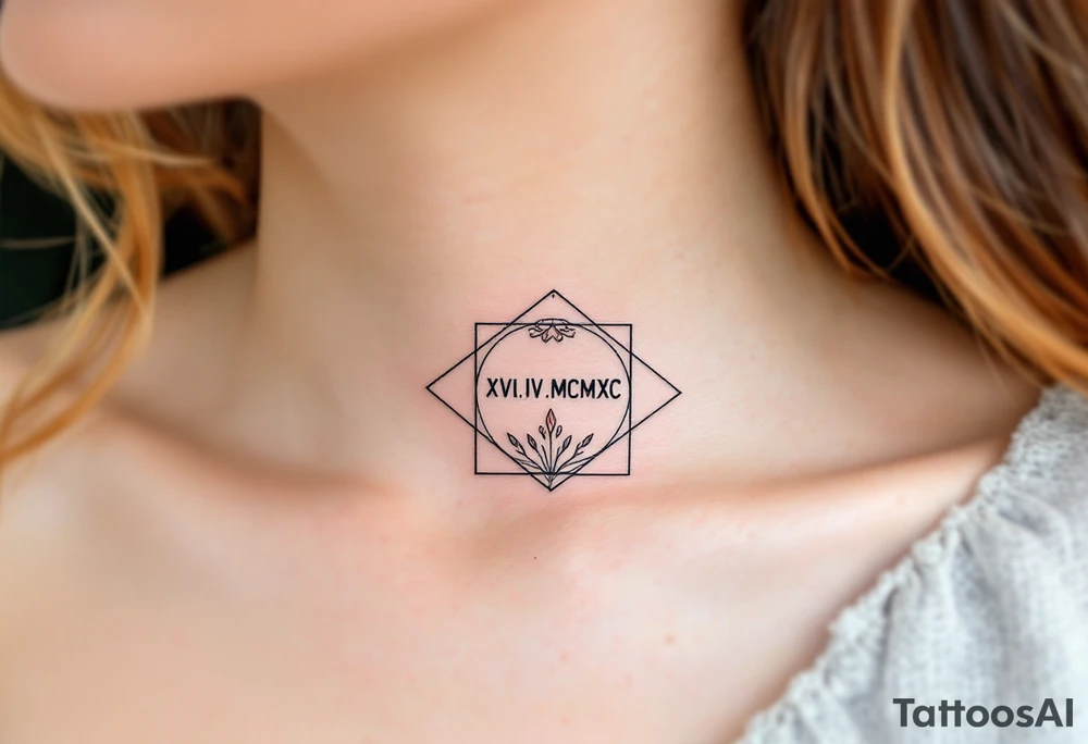 XVI.IV.MCMXC in minimalist black under the clavicle, with a thin geometric frame in faded bronze. tattoo idea