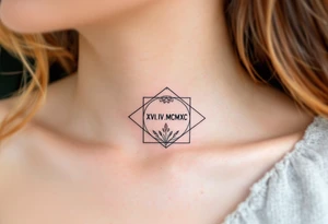 XVI.IV.MCMXC in minimalist black under the clavicle, with a thin geometric frame in faded bronze. tattoo idea