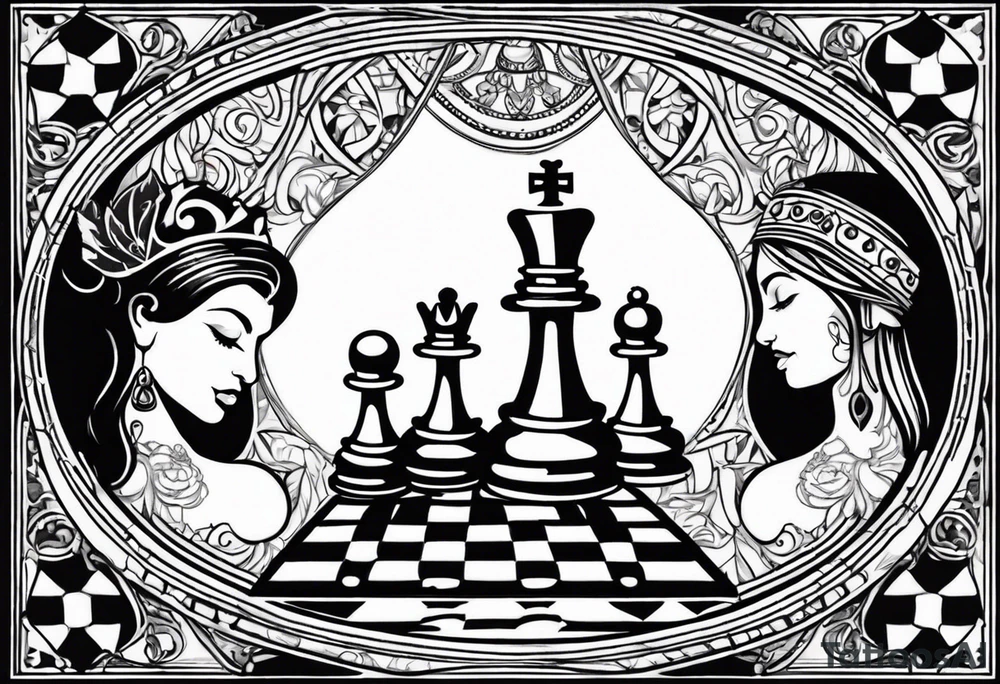 chess queen piece contour with two pawns on her side with spiritual patterns around tattoo idea
