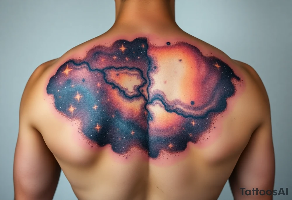 Beautiful and epic 3d milky way that appears to be what is beneath the skin. Make it drape over the shoulder and move to the middle back. use negative spaces to create stars and dust. Keep it symmetrical and focus on the beauty of space tattoo idea