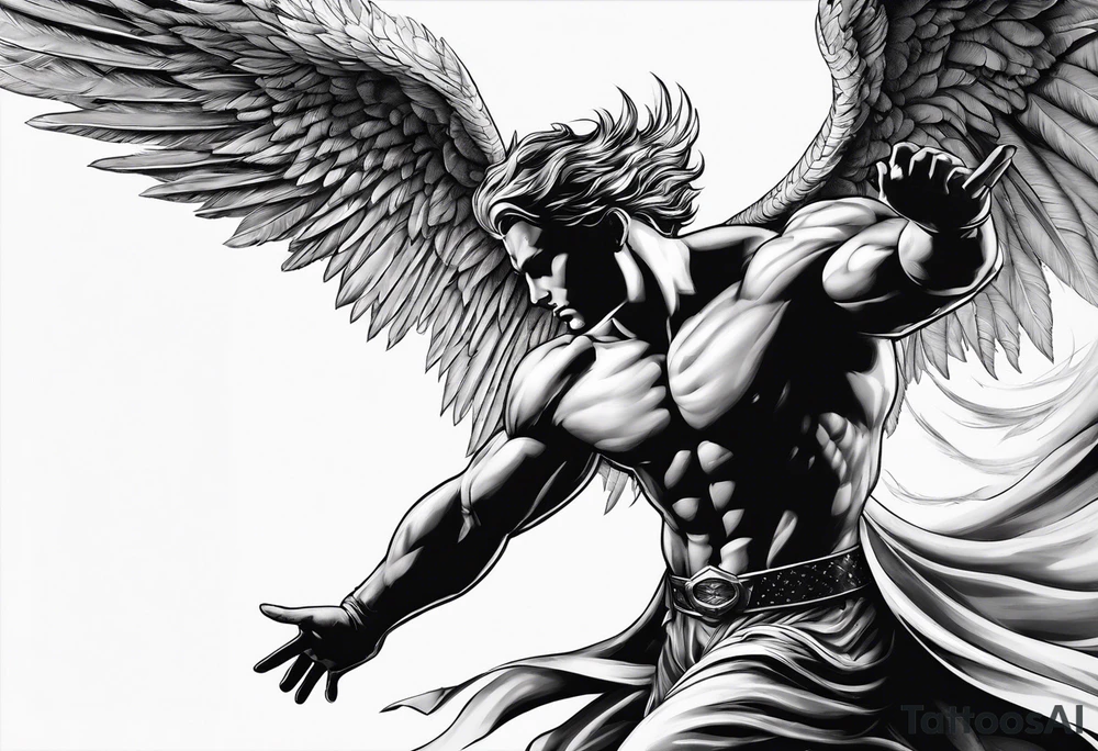 Angel in the pose of a superhero landing tattoo idea