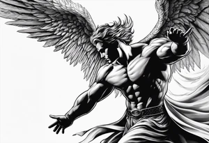 Angel in the pose of a superhero landing tattoo idea