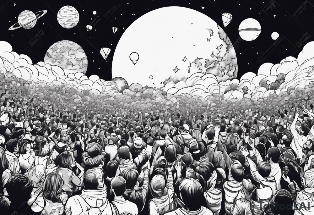 Crowd popping out from earth in space tattoo idea