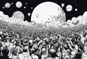 Crowd popping out from earth in space tattoo idea