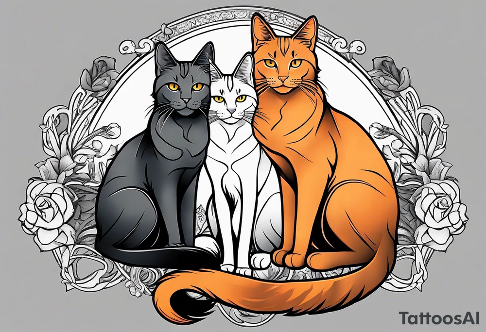 3 cats, A Maine coon cat, a orange long hair cat, a shorthair black gray tattoo idea