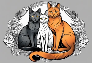 3 cats, A Maine coon cat, a orange long hair cat, a shorthair black gray tattoo idea