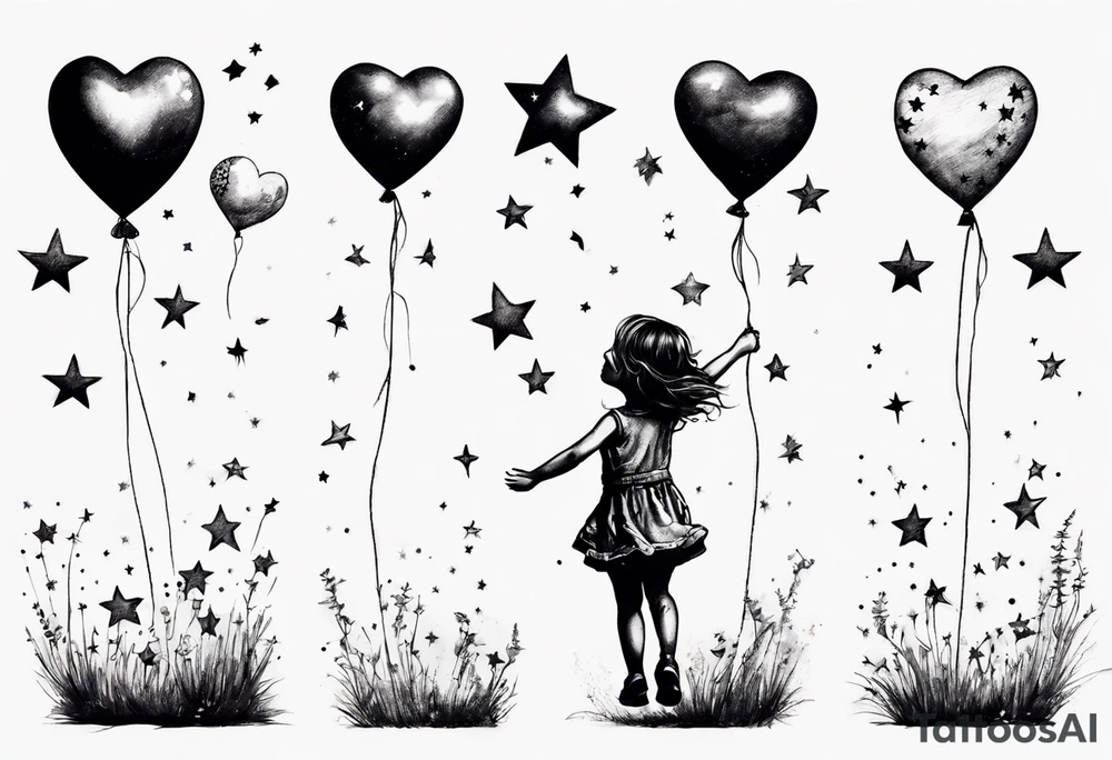 Little girl holding on to heart and star balloons and going up to the sky tattoo idea