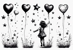 Little girl holding on to heart and star balloons and going up to the sky tattoo idea