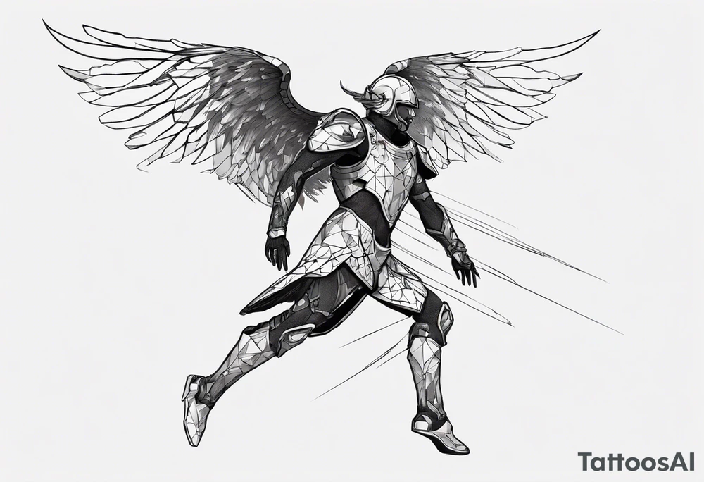 Side view of an black angel wearing inorganic armor that is in mid-air ready to attack tattoo idea