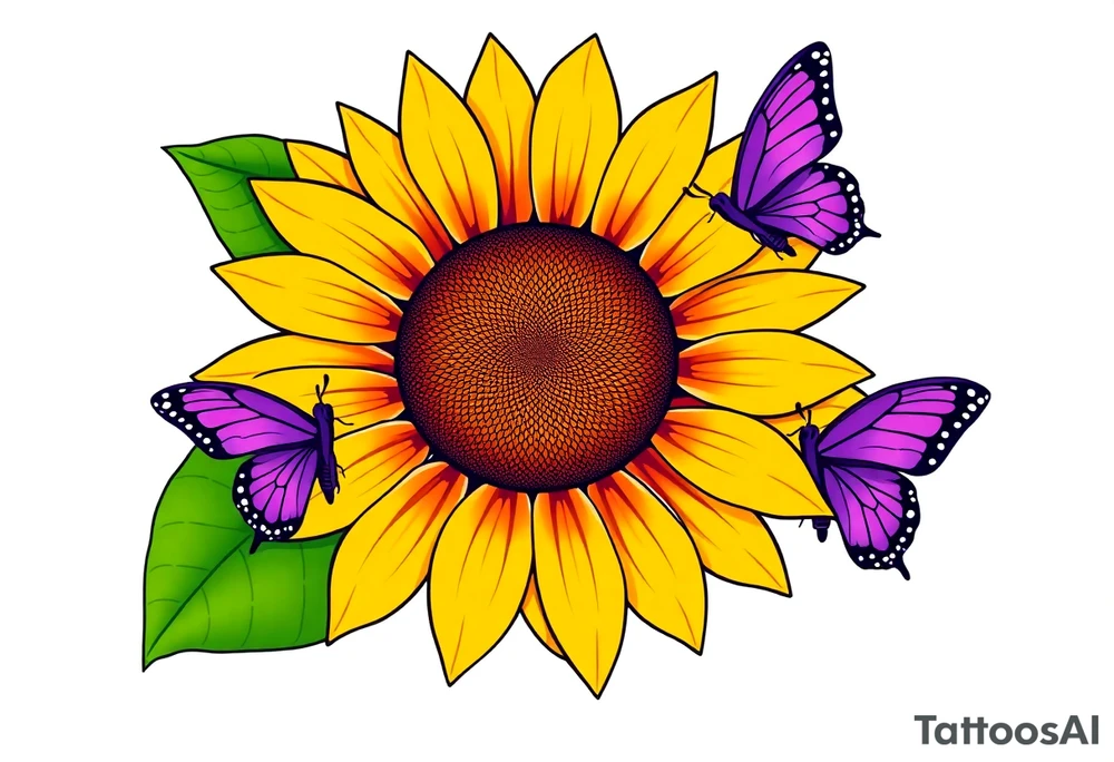 Sunflower with purple butterflies on side tattoo idea