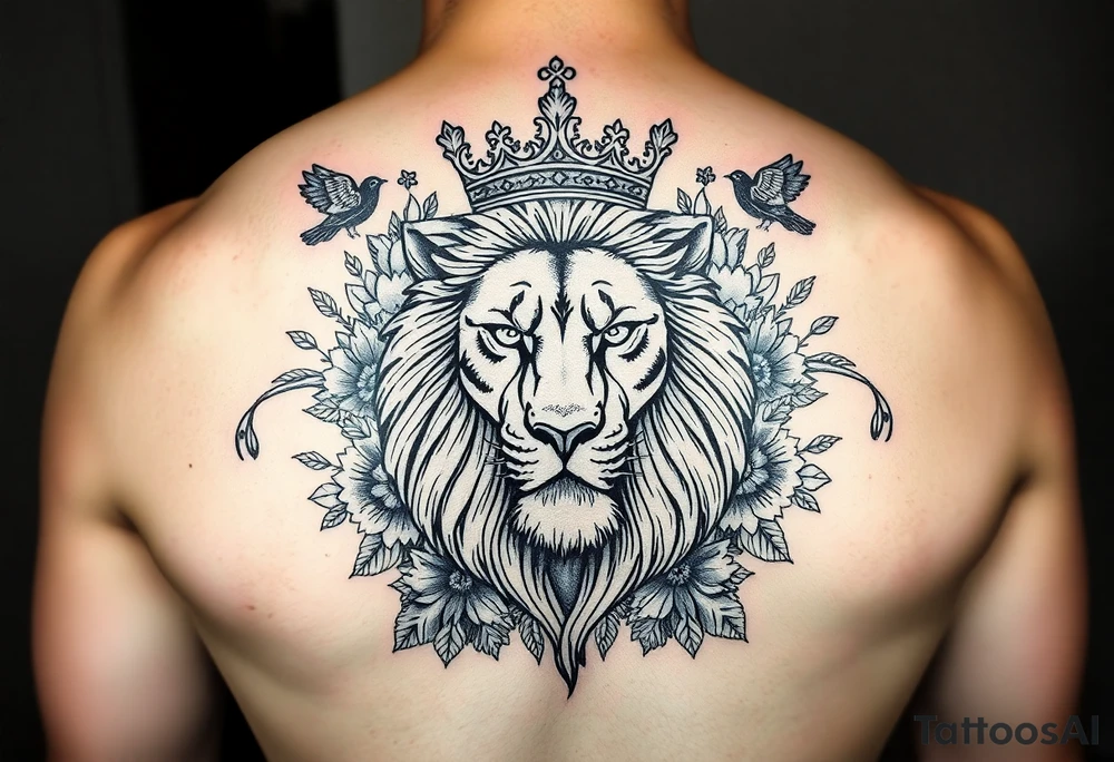 powerful majestic lion with a crown, surrounded by floral ornaments and birds tattoo idea