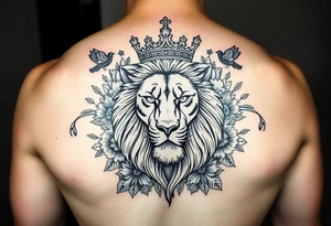 powerful majestic lion with a crown, surrounded by floral ornaments and birds tattoo idea