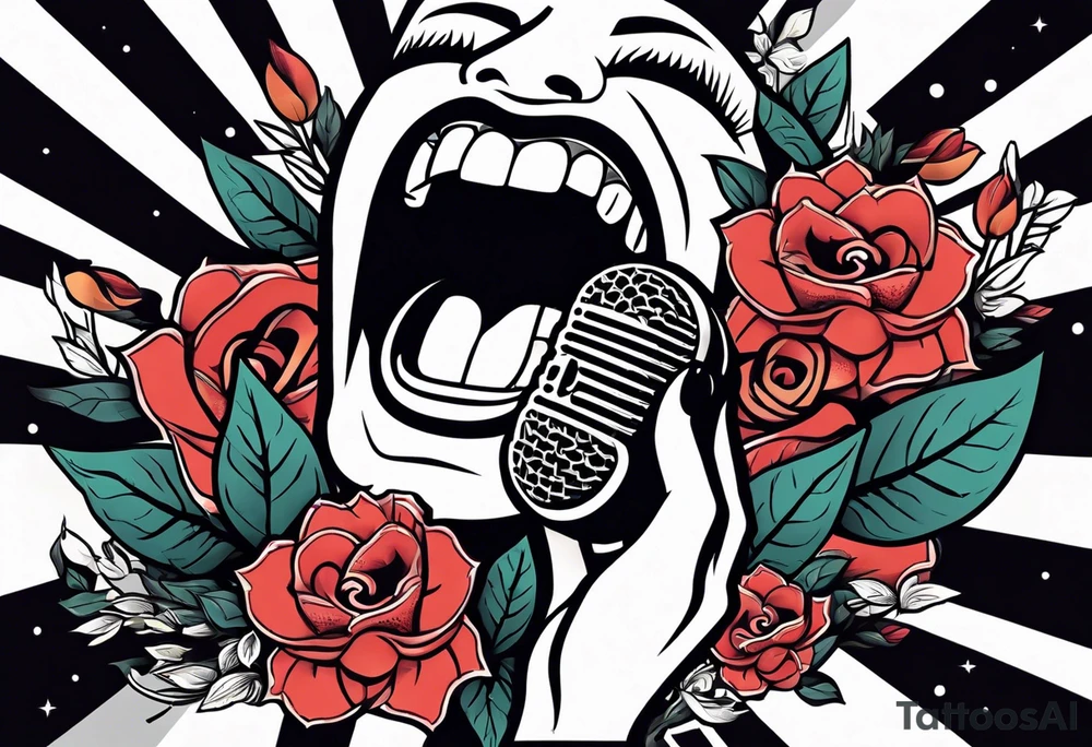 traditional vintage tattoo of mouth singing in microphone simple  flowers and banner
no face tattoo idea