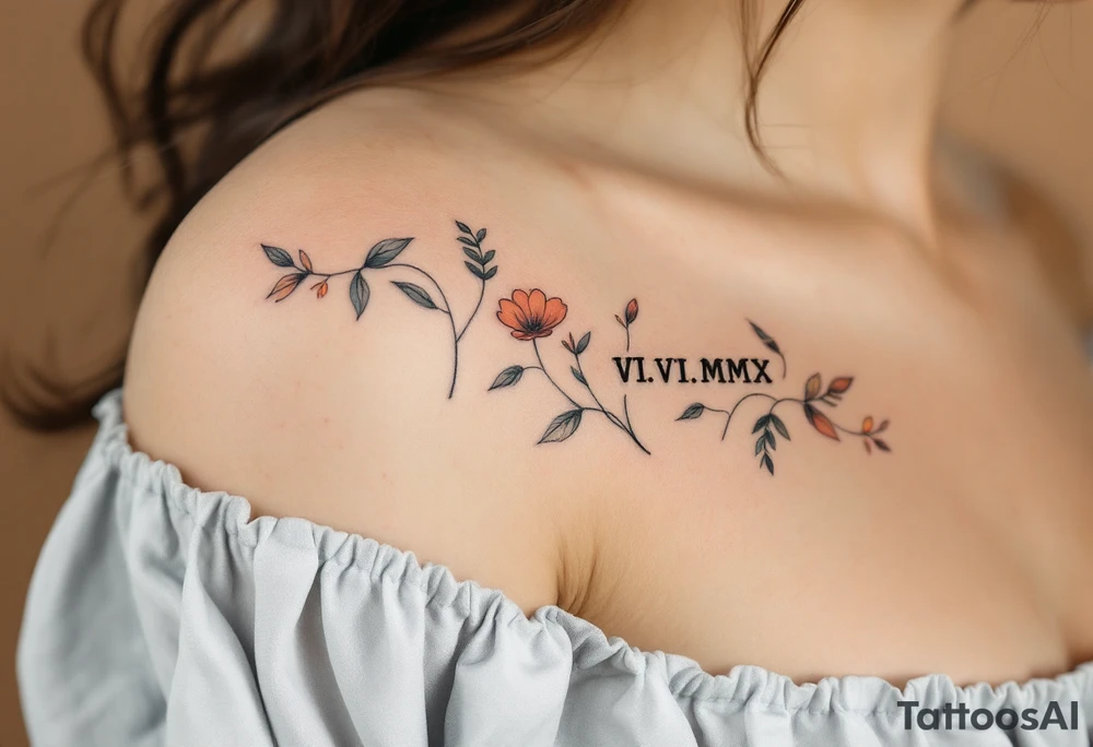 Soft charcoal VII.VII.MMX across the shoulder in a hand-drawn style with light brown parchment texture. tattoo idea